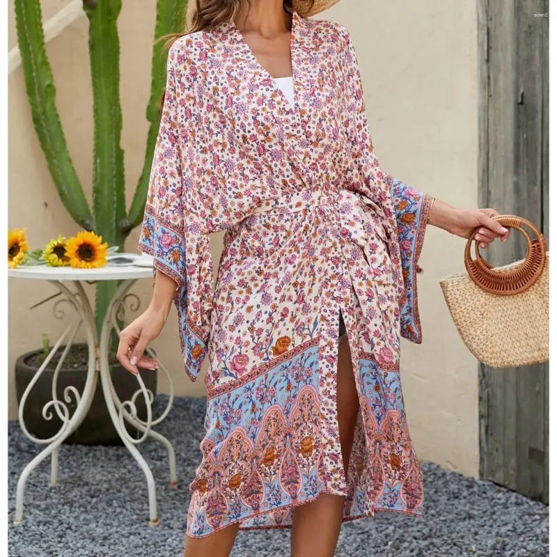 Casual Dresses AYUALIN V-Ausschnitt Schärpen Kimono Kleid Sommer 2024 Party Robe Strand Cover-ups Boho Blumendruck Lose für Frauen