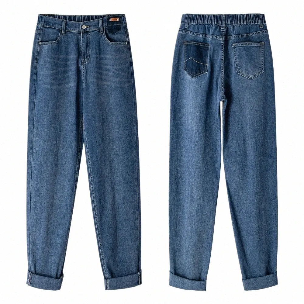 4XL Plus Taille Jeans Femmes 2023 Printemps Denim Sarouel High Stretch Rétro Étiquette Slim Pantalon Surdimensionné Courbe Vêtements a8Ho #