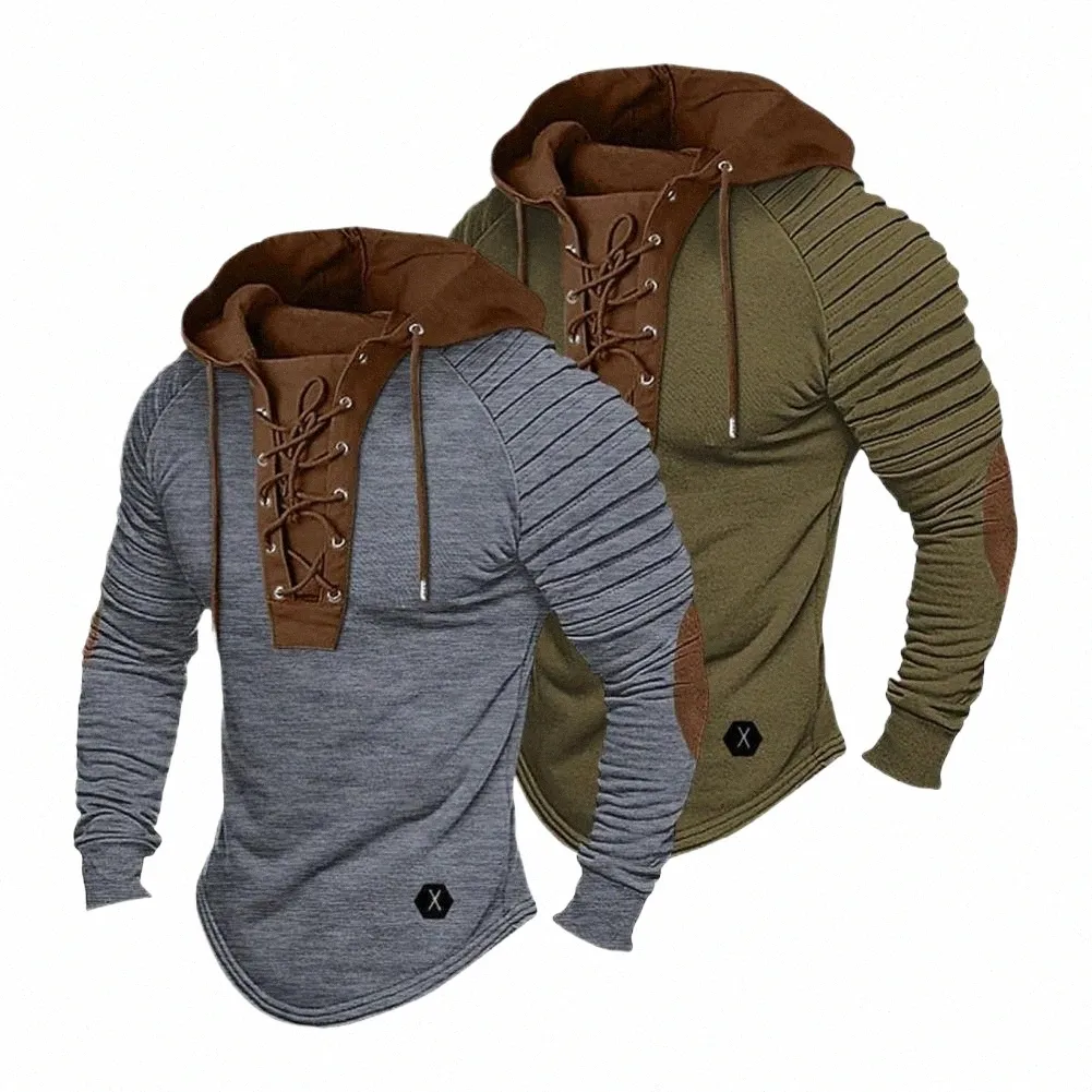 Sudadera con capucha diaria Sudadera con capucha con cordones vintage para hombre con hombros plisados Sudadera con capucha superior transpirable y elástica suave c9xw #