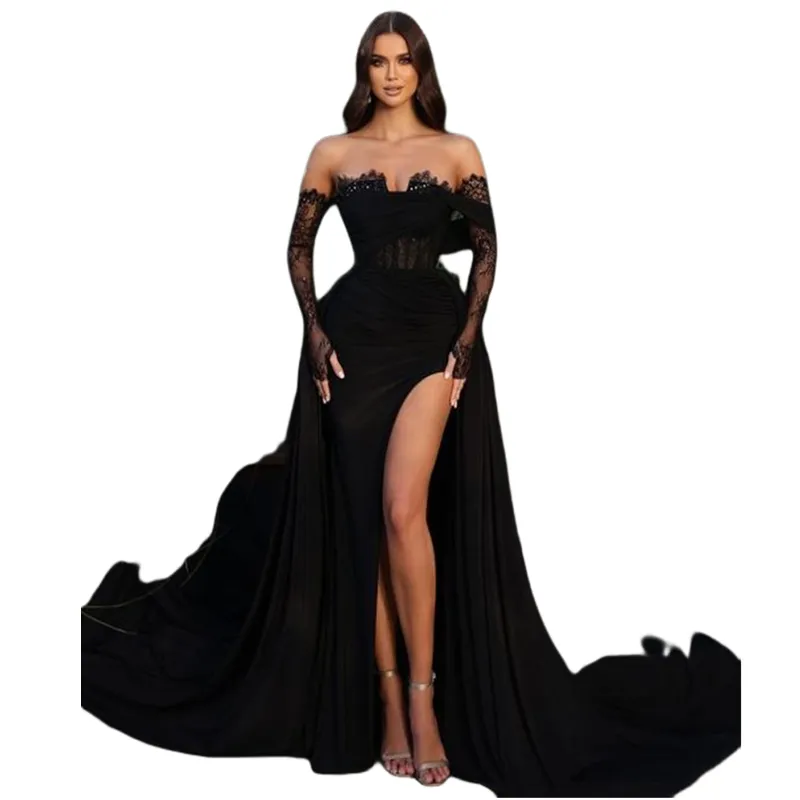 Black Chiffon Evening Dress with Sweetheart Neckline and Detachable Train  Long Sleeve Trumpet Silhouette Prom Gown from Dhgate Evening Dresses -  price 147.99