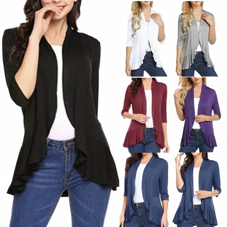 Cardigan pour femmes printemps été automne vêtements couleur unie haut slim ourlet à volants manches trois quarts mince manteau simple noir bleu q0B6 #