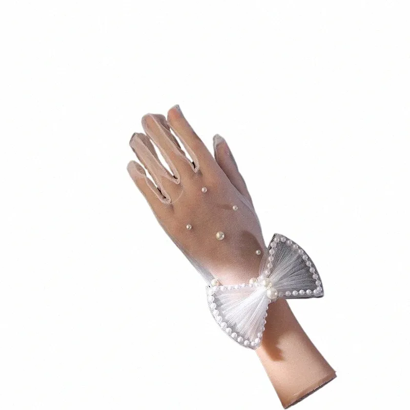 Mariée Date de mariage Dentelle blanche Bow Perle Gants courts Dames Accessoires de mariée N4ZK #