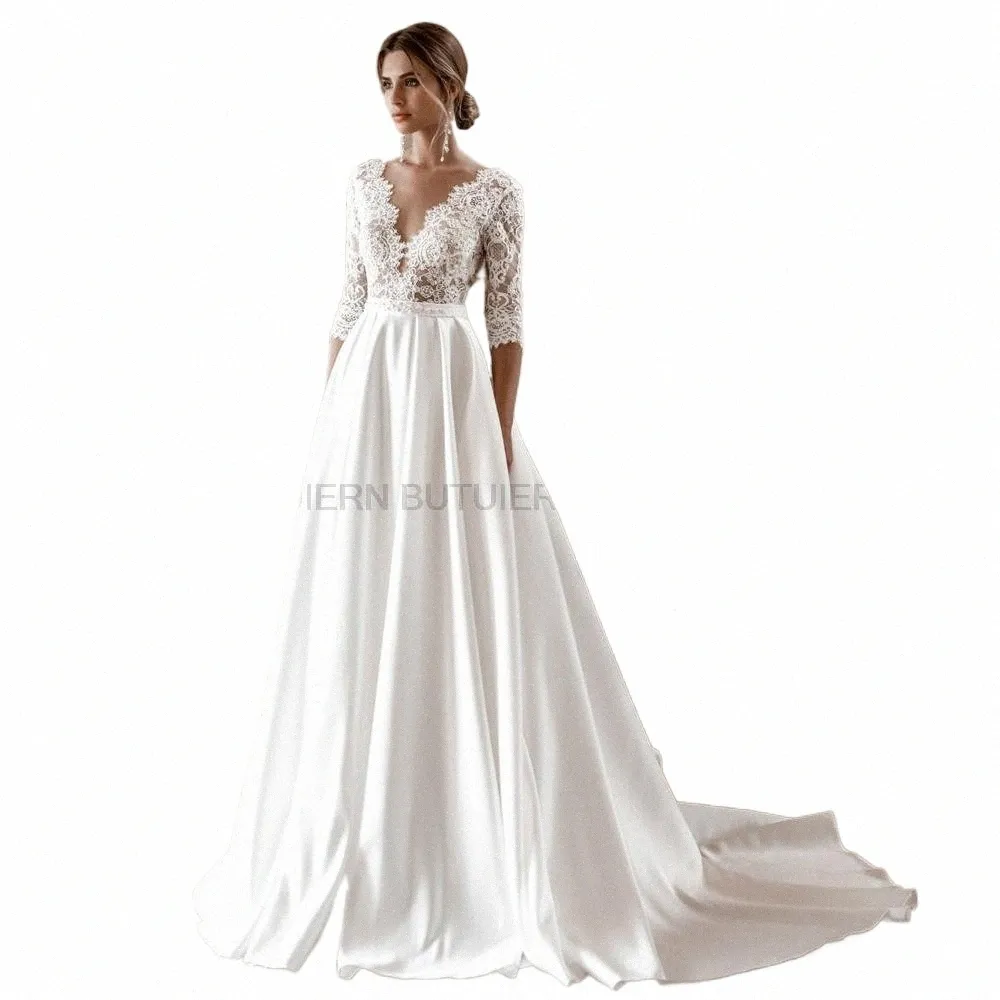 Elegante LG Sleeve Lace Wedding Dres V-Neck Satin A-Line 2020 Vestido de Novia Bridal Jurk Autumn Nieuw Vintage Simple E4WZ#