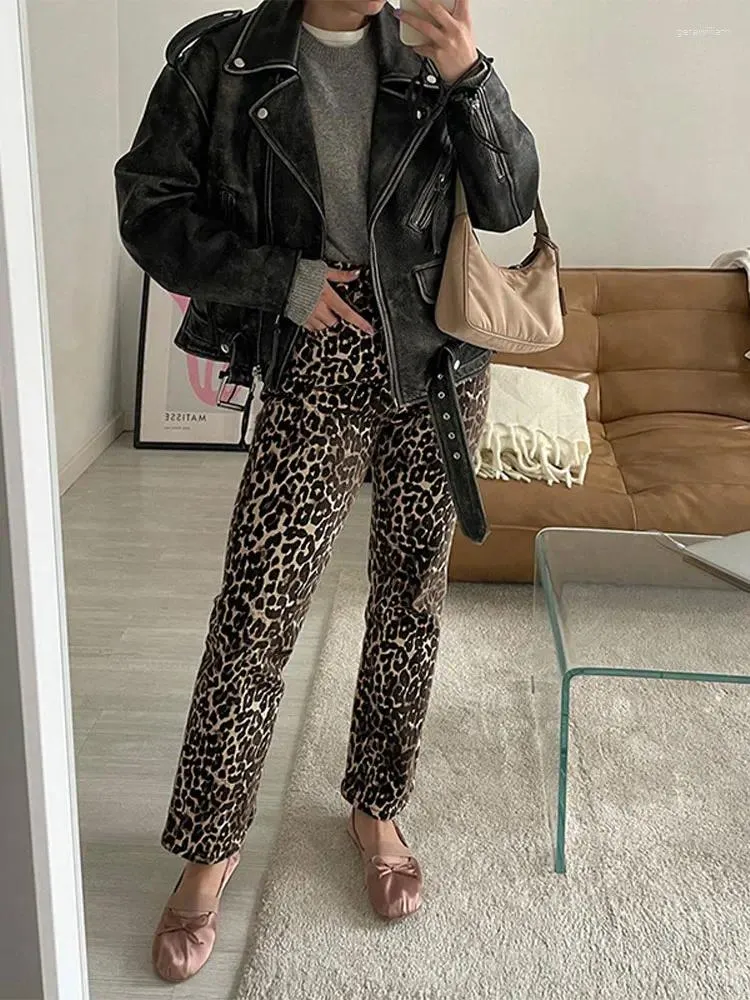 Calças femininas moda leopardo impressão magro ajuste lápis jeans para mulheres cintura alta senhoras zíper calças primavera chique feminino streetwear