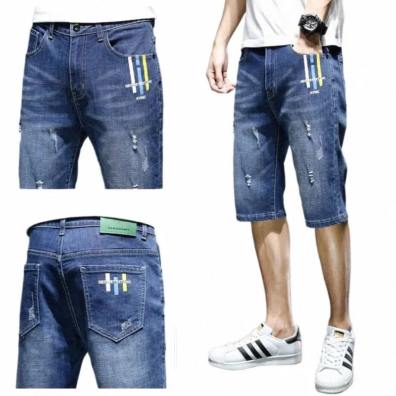Lato Mid talii dżinsowe spodenki Fi proste młodzieńcze ubranie męskie Męskie ubranie Koreańskie tyłek swobodny rozrywkowy dziura spodnie kolan a0Ue#