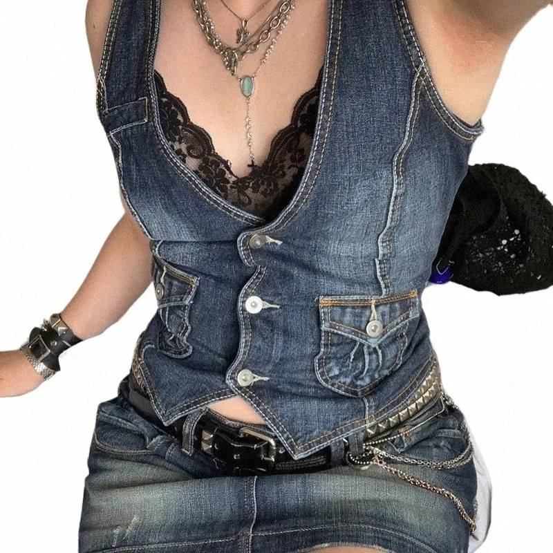 Y2K Denim Vest fata grunge Sleevel giacca di jeans Corsetto Top Butts Scollo a V Vintage Streetwear Donna Serbatoi estetici Top 2023 p0AY #