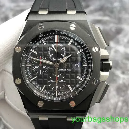 Coleção de relógios de pulso AP Airbnb Royal Oak Offshore Series 26402CE Mostrador preto material cerâmico vermelho agulha cronometragem relógio mecânico masculino AP fundo transparente 4