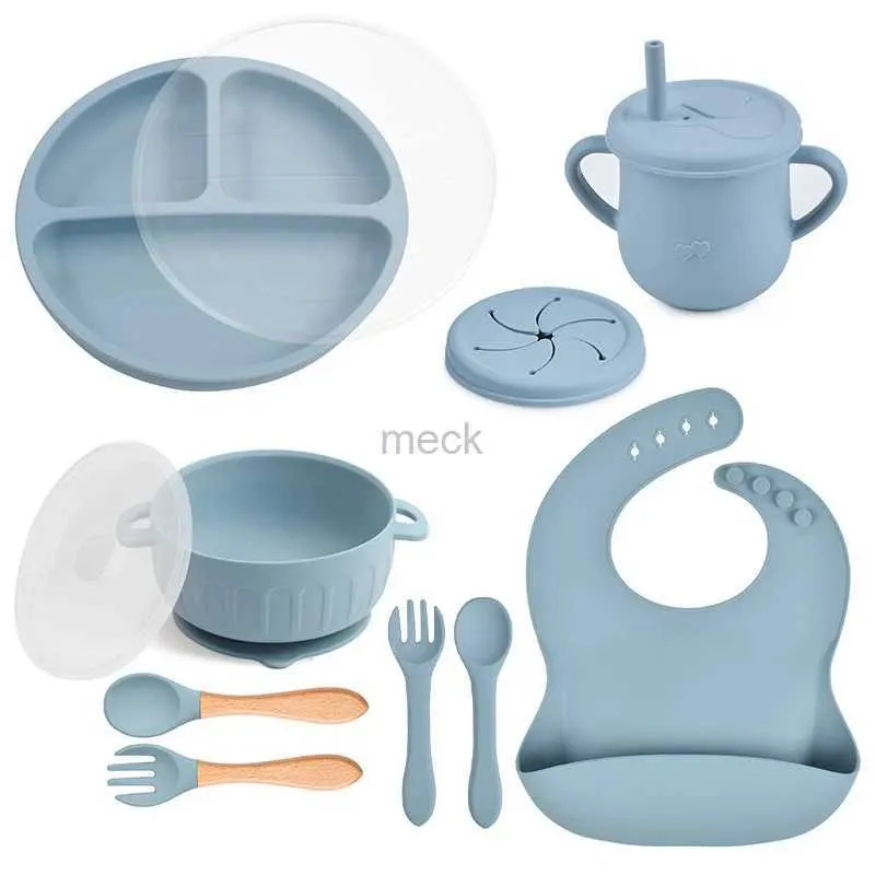 Cups Dishes Utensils 10pcs/Set Baby Childrens Tableware Waterproof Bib Feeidng Solid Color Food Plates Sucker Dishes Spoon Fork Leakproof Sippy Cup 240329