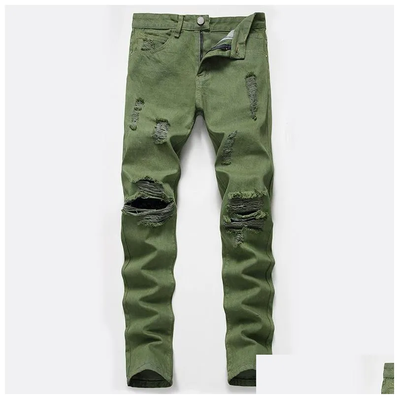 Jeans pour hommes Pantalons au genou pour hommes Ripped Army Green Automne Hiver Zipper Lavé Rétro High Street Fashion Drop Livraison Vêtements Clo Dhx0F