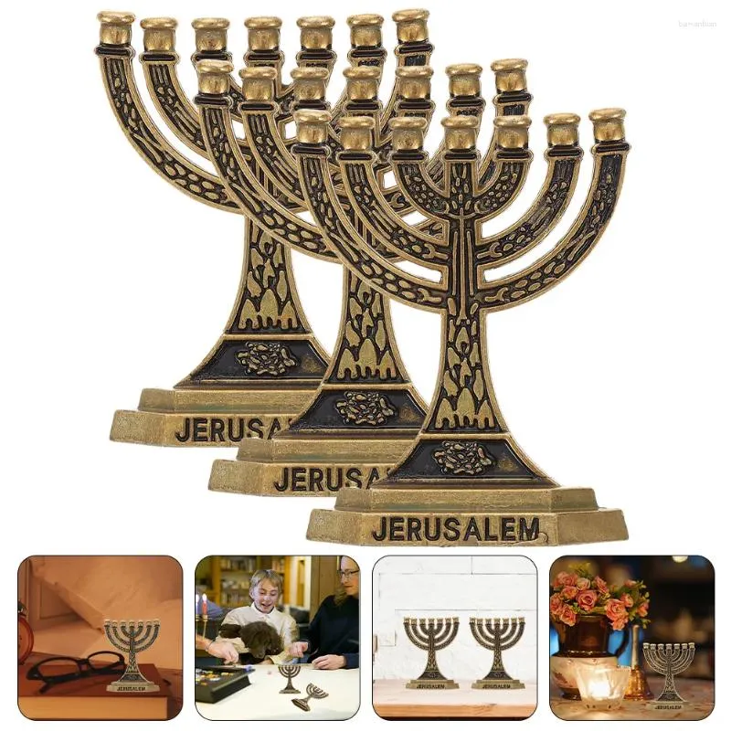 Kaarsenhouders 3 PCS Desktop Zeven holes kandelaarde decoratietabel Goudhouder Zinklegering Die-casting geëlektroplateerde oude hanukkah