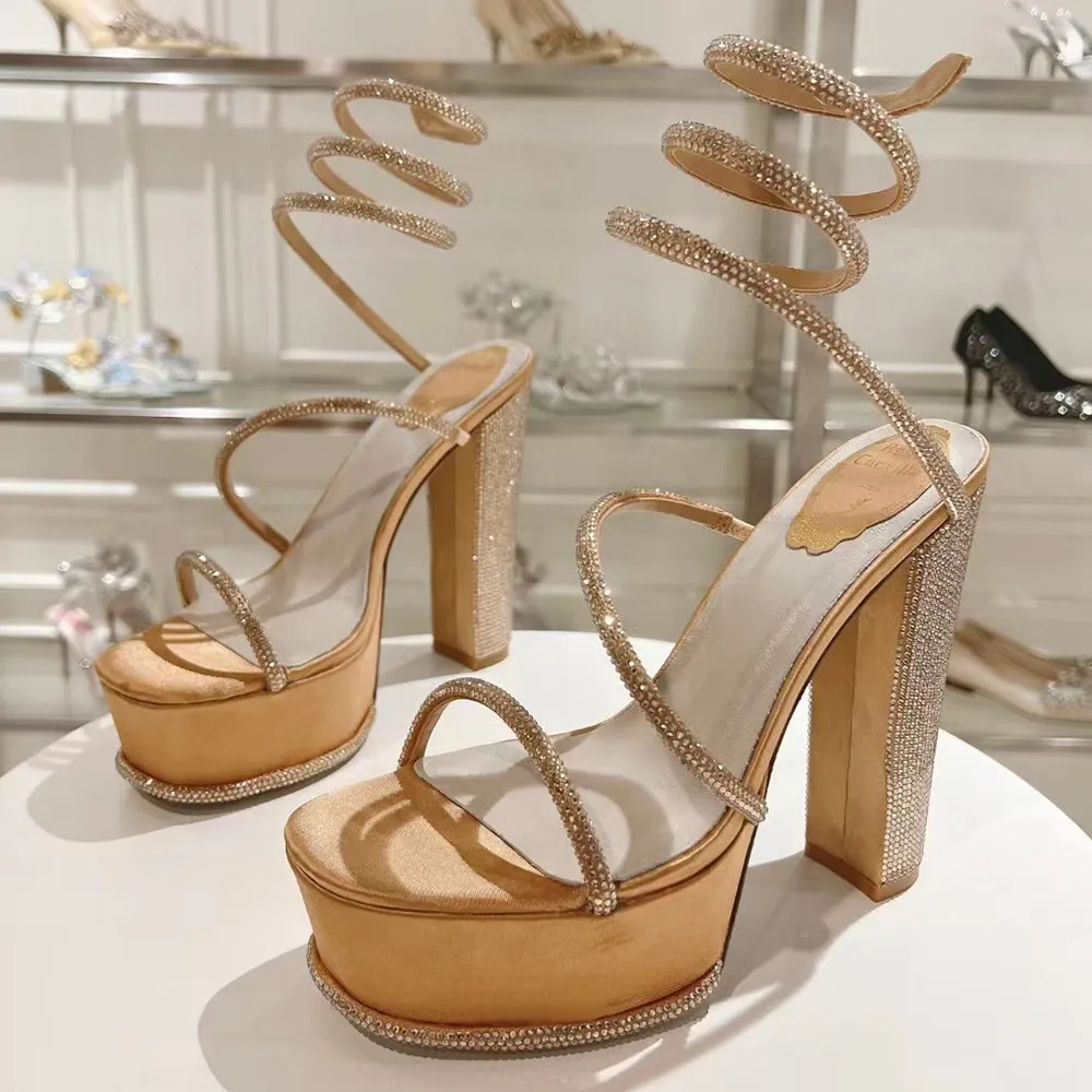 Rene Caovilla cleo crysta Gold platform Sandal 140mm rhinestones-studded  Chunky Heel sandals Square head Snake Strass Ankle Wraparound womens  Designer