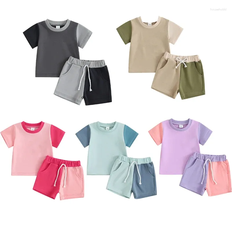 Kleidungssets FOCUSNORM 0-3 Jahre Kleinkind Baby Jungen Mädchen Sommerkleidung Outfits Kurzarm Farbe Patchwork T-Shirt und elastische Taille Shorts