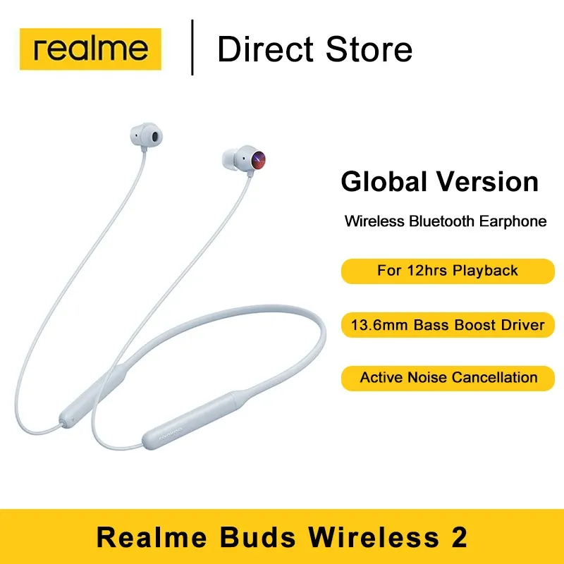 Hoofdtelefoons Realme Buds Wireless 2 Aartelefoon Actieve ruisonderzoek LDAC Hires Audio 13,6 mm Bass Boost Driver IPX5 Sport Game Ear buoeds