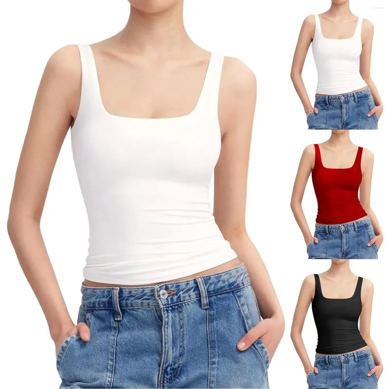 Camisetas sin mangas para mujer, Tops en capas con encaje, cuello redondo, sin mangas, tejido acanalado, camiseta sin mangas corta informal cuadrada para mujer