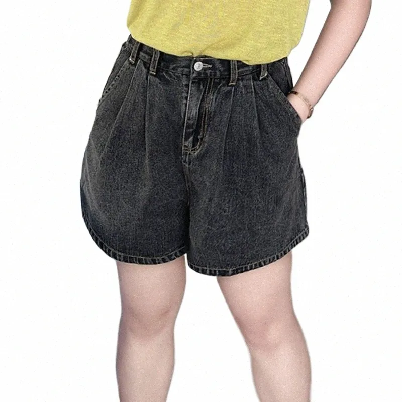 losse hoge taille A-lijn zachte denim shorts met wijde pijpen, zwarte jeans, goede kwaliteit, lente, zomer, grote maten, 2024 g0NX#