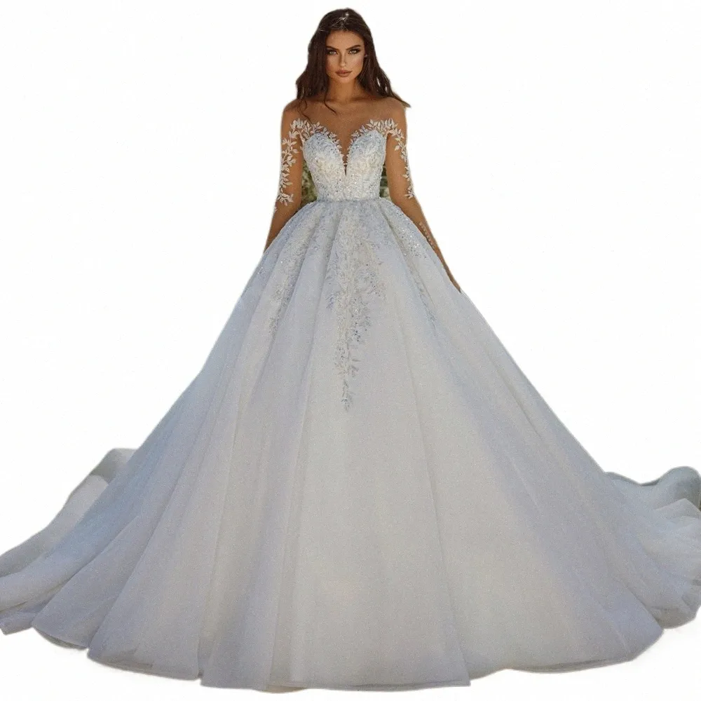 Liyuke elegante sedoso organza una línea de vestidos de novia rebordear perlas apliques mangas completas illusi cuello vestidos de novia e7aH #