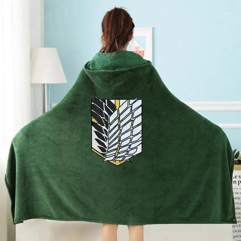 Coperte Mantello indossabile verde per pisolino da viaggio Coperta per il tempo libero Mantello in flanella Costume cosplay in stile giapponese con cappuccio