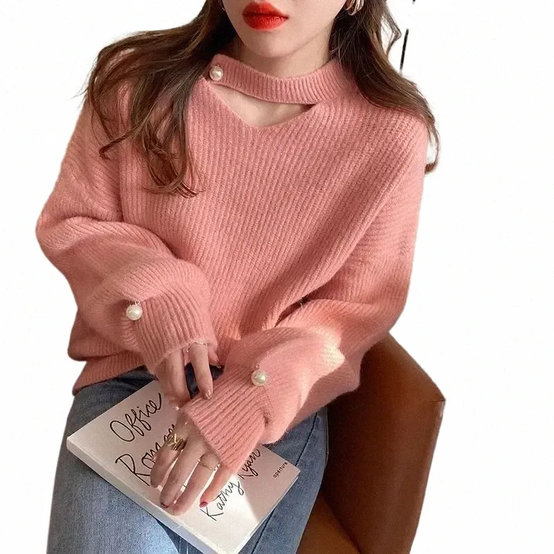 pullover Red Ladies Sweaters Pink Knitted Top for Women Modern Winter Thermal Blouse 2023 Lg Sleeve Trend Fi New Knitwear 05ln#