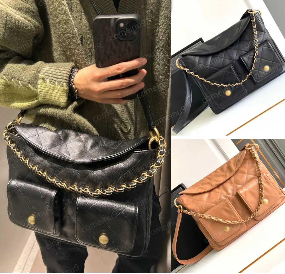 24 Vintage Espelho Mulheres Acolchoadas Hobo Bag Grande Hippy Cowhide Tote Messenger Bag Strap Chain Crossbody Purse Couro Genuíno Designer Bolsas Preto Caramelo Ouro HW