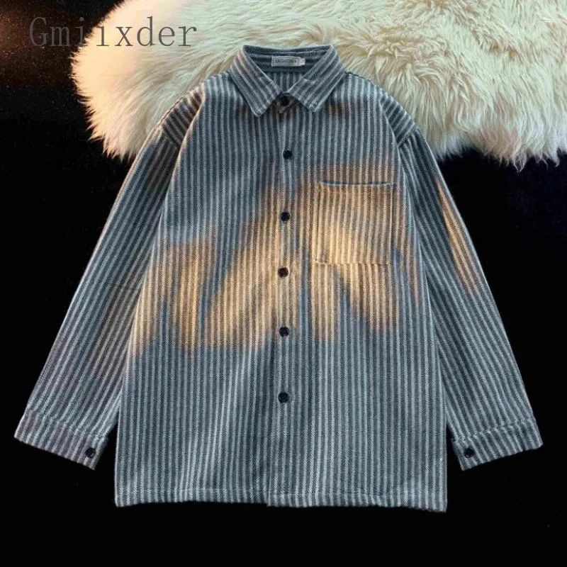 Casual overhemden voor heren Gmiixder gestreept vintage overhemdlook lente herfst Koreaanse blouse met lange mouwen Cityboy Japanse jas met knopen