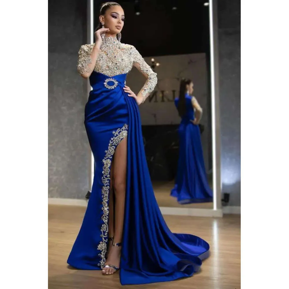 Vintage High Neck Evening Dresses Beaded Crystals Illusion Bodice Long Sleeves Split Formal Party Ocn Prom Gowns Arbaic Dubai Dress BC