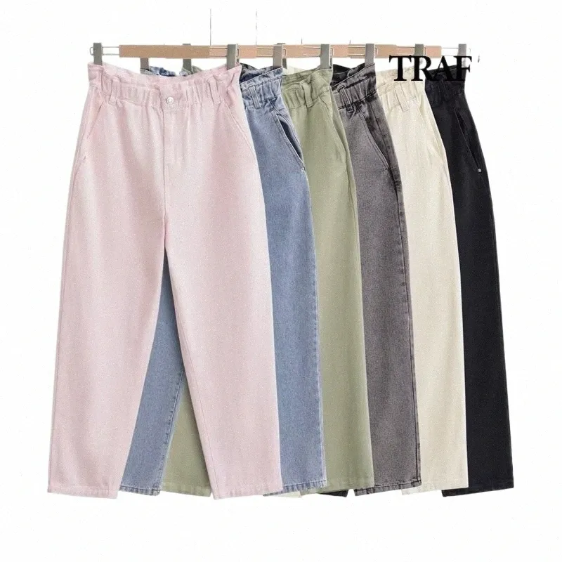 Traf ZR Baggy Jeans para mujeres Elástico de cintura alta Y2k Streetwear Vintage Solid Losse Summer Cargo Jeans para mujeres Pantalones anchos K7dX #