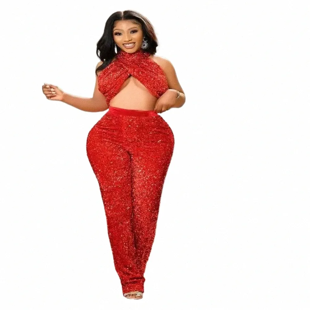 2023 Plus Size Arabic Aso Ebi Red Sequined Jumpsuits Prom Dres High Neck Backl Evening Formal Party Två stycken Klänningar i0od#