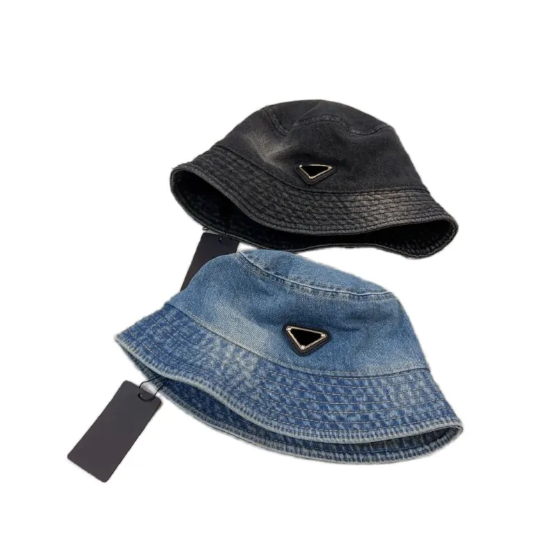 Vintage Bucket Hat Designer Outdoor Beach Denim Material Solid Mönster Blue Sunshades Fit Caps Iconic Triangle Wide Brim Bucket Hats Summer GA0134 C4