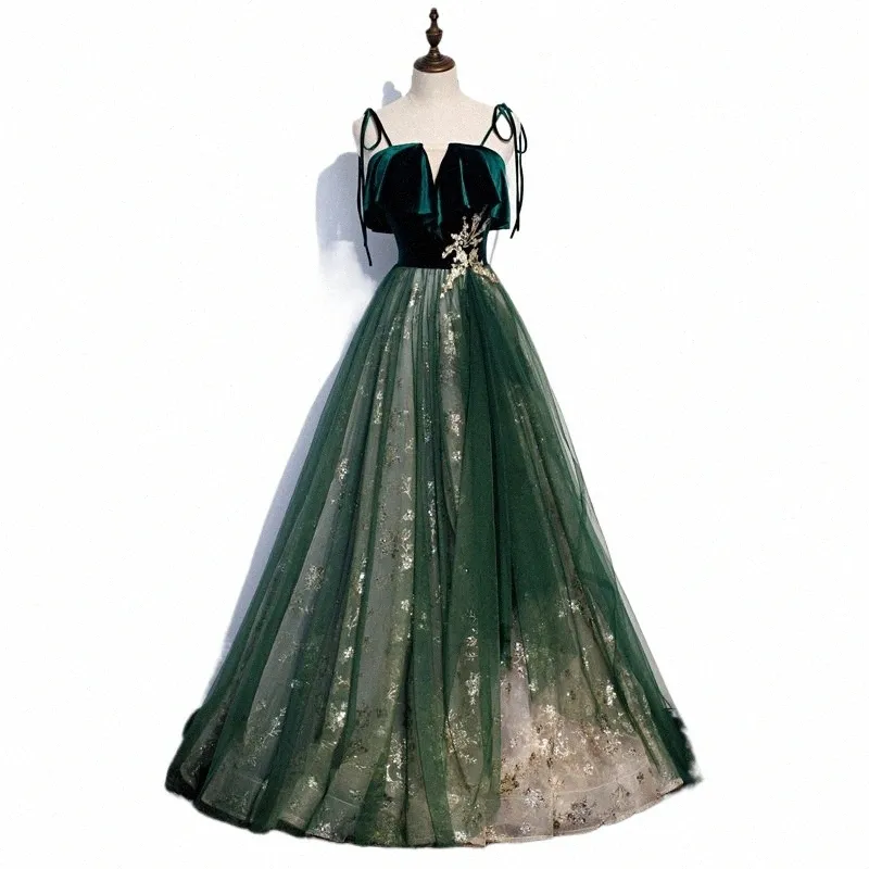 LANMU GREEN DR VELET TULLE GOLD SPRATED PROC 사용자 정의 A- 라인 바닥 길이 공식 저녁 DRES 여성 연회 파티 G7C1#