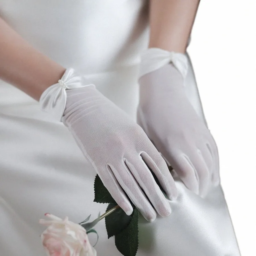 WG058 Mariage De Mariée Blanc Élastique Net Gants À La Main Satin-Perle Arc Doigt Poignet Gants Courts Femmes Bal Pageant Accories c5b2 #