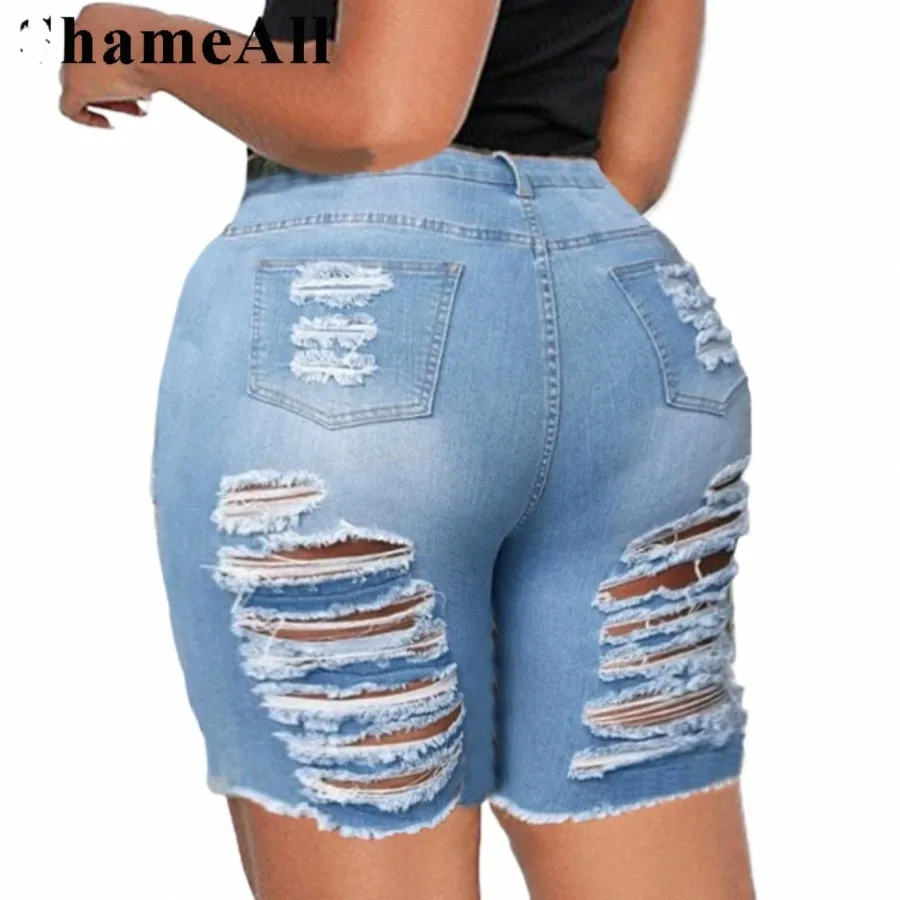 Plus Size Hollow Out Ripped Bermudas Fünf Punkte Jeans Sommer Sexy Club Party Hohe Taille Stretch Skinny Knielange Denim Hosen W5sb #