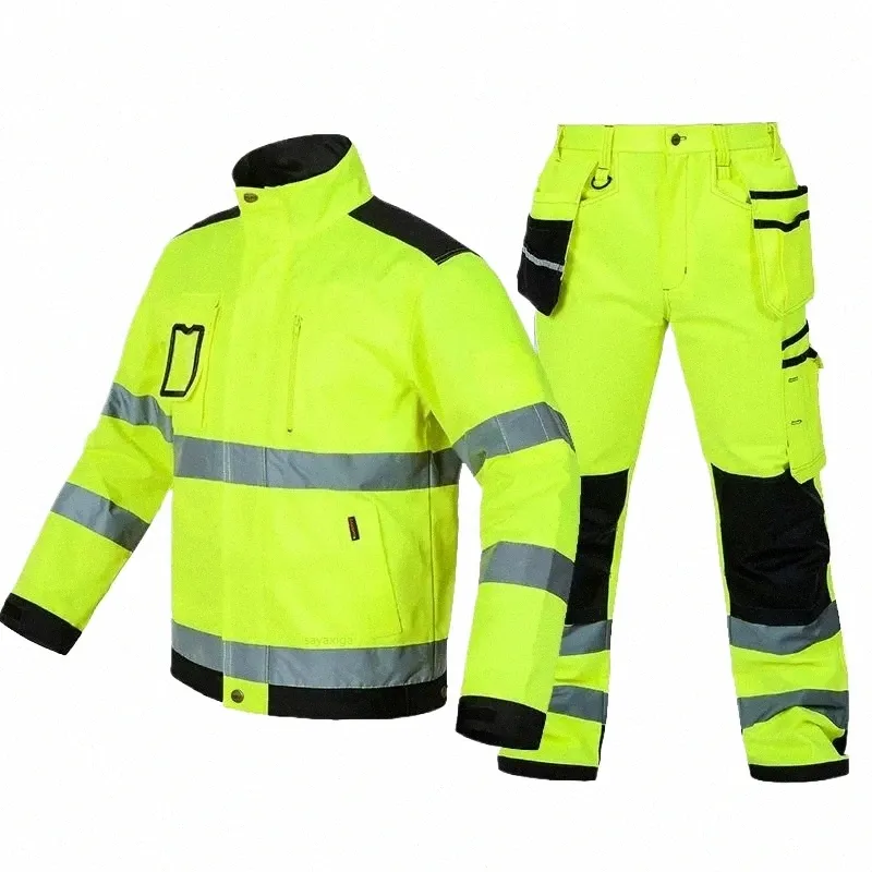 fluorescerend geel arbeidsbeschermingspak Hi Vis reflecterende streep Multi-pocket veiligheidswerkuniform Cstructi-werkoverall W6LE #