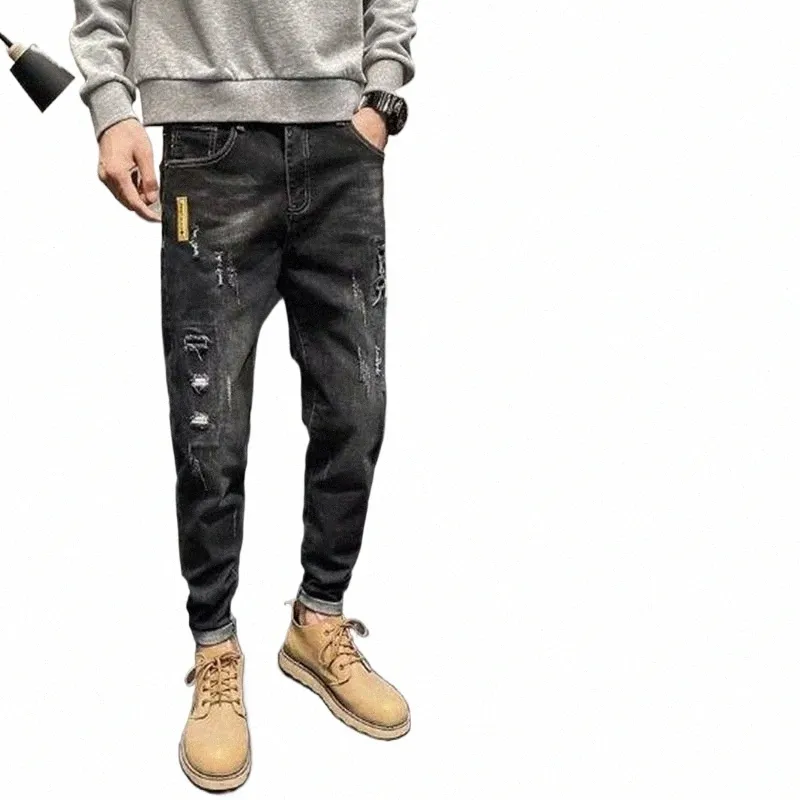 Jeans en denim déchiré pour hommes 2021 Nouvelle marque coréenne à la mode Droite Lâche Slim Fit Casual Trou Hip Hop Adolescent LG Pantalon G0NL #