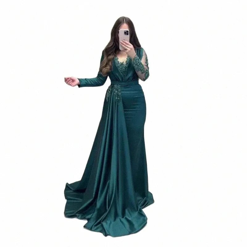 Mörkgrön formell kväll Dres LG ärmar sjöjungfru aftonklänningar pärlor eleganta prom drar turkisk couture mantel de soiree 63y3#