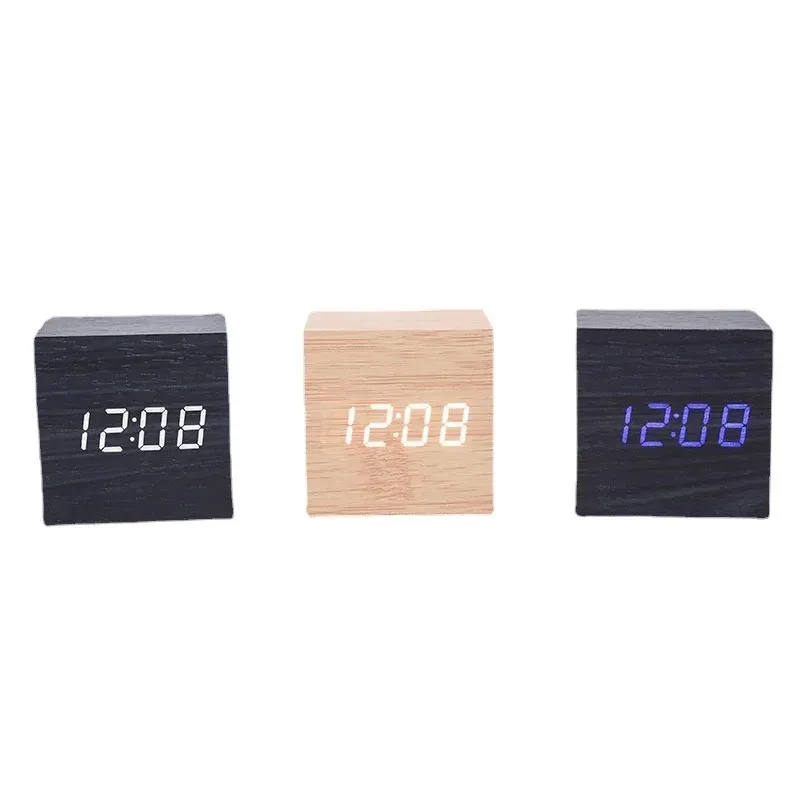 Réveil numérique en bois, alimenté par USB/batterie, Mini Cube LED, horloge numérique avec affichage de l'heure/Date/température, 2024