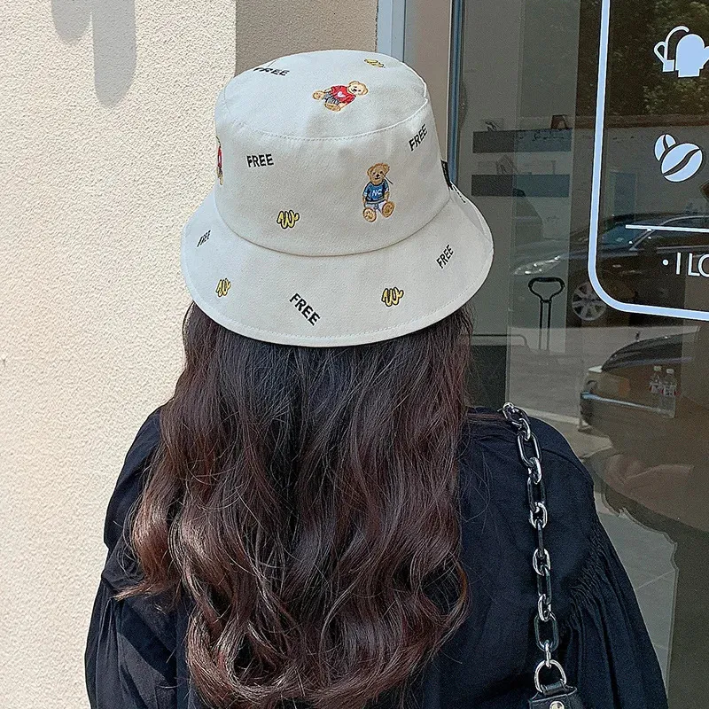 K220 bucket cap womens hat Korean bear fisherman hat summer casual hat girl embroidered cartoon jar hat sun hat man Panama 240329