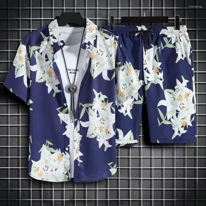 Herrspår med Hawaiian stil skjorta shorts set avslappnad passform tropiska blad tryck med elastisk