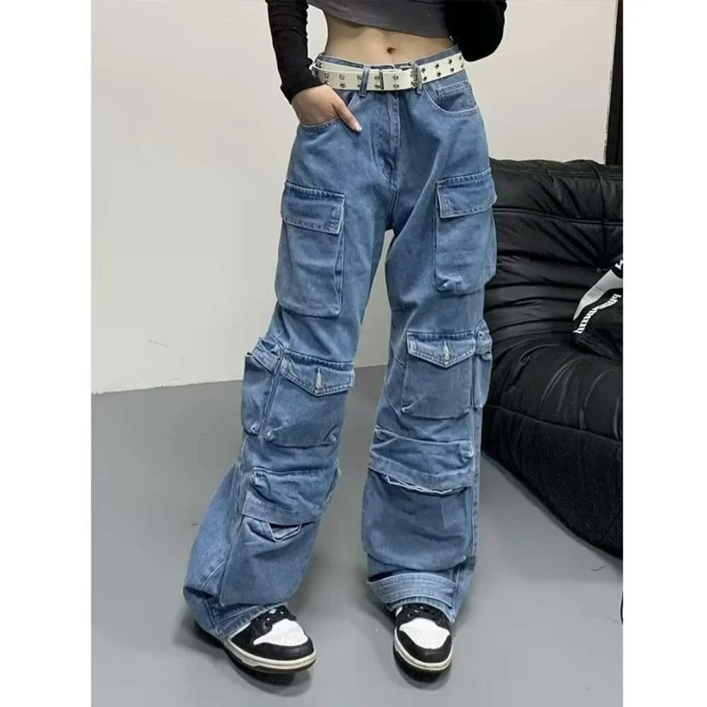 Em American High Street Multi Pocket tvättade lösa jeans trendiga varumärkesbrett bengolv Dra byxor för män och kvinnor med designkänsla långa byxor