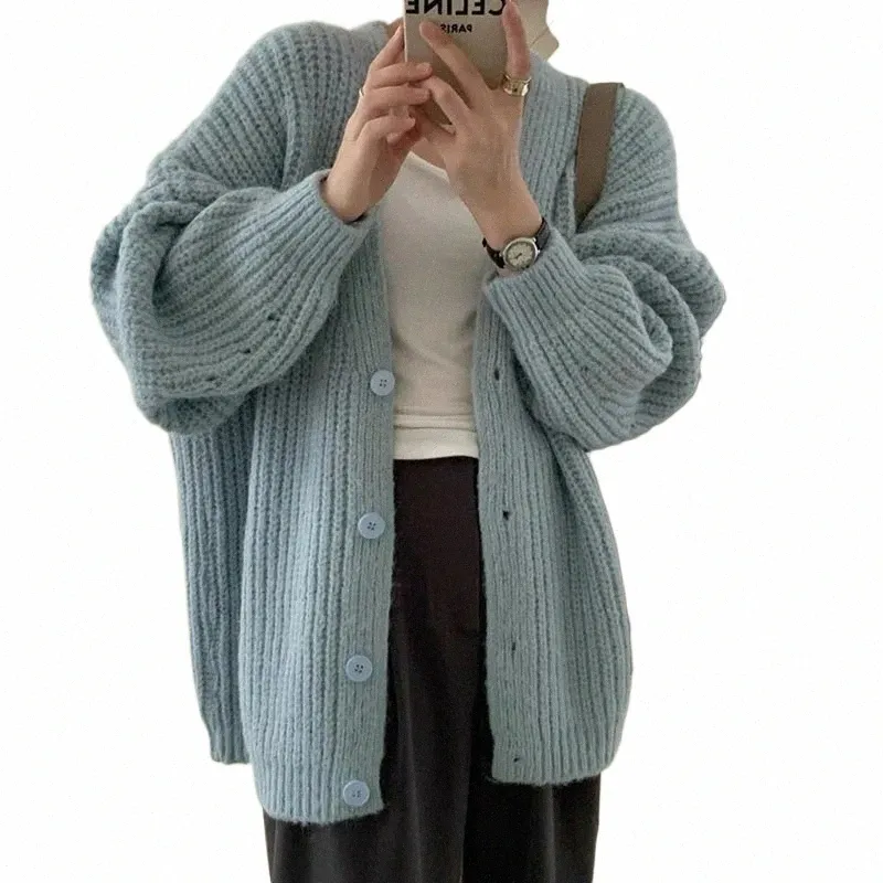 chunky stickad cardigan för kvinnor rosa dusky blå v-hals rumpa upp kabel stickad tröja jacka höst vinter koreansk fi outfit z7ru#