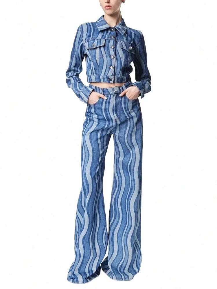 Twotwinstyle Colorblock Denim Zweiteilige Set Für Frauen Revers LG Hülse Mantel Hohe Taille Ganzkörperansicht Jeans Streetwear Sets Weibliche W0l8 #