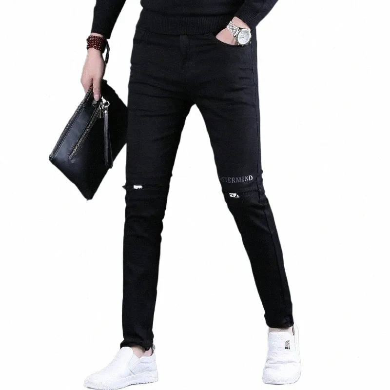 Outono homens jeans preto rasgado remendo impresso jean mens streetwear casual magro ajuste lápis calças cott estiramento denim calças 49Tz #
