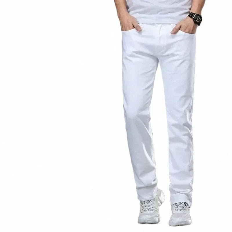 Estilo clássico dos homens Regular Fit Jeans Branco Busin Smart Fi Denim Advanced Stretch Cott Calças Masculinas Marca Calças O5nc #