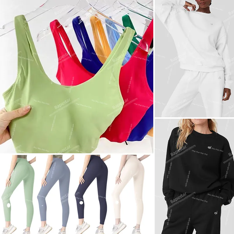 AL Leggings taille haute pour femme Pantalon d'alignement de yoga Gilet pour femme Débardeur de yoga Soutien-gorge ALu Yoga Sweatshirts Entraînement Fitness Athlétique Sweats à capuche Tenues Exercice Gym Slim Activewears