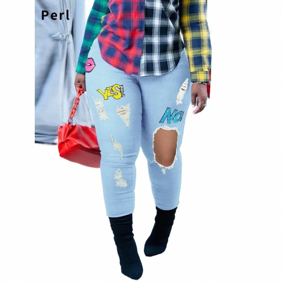perl Plus Size Letter Gedrukt Gescheurde Jeans voor Vrouwen Mid Taille Elastisch Potlood Demin Broek Casual Straat Broek Herfst Kleding h3IY #