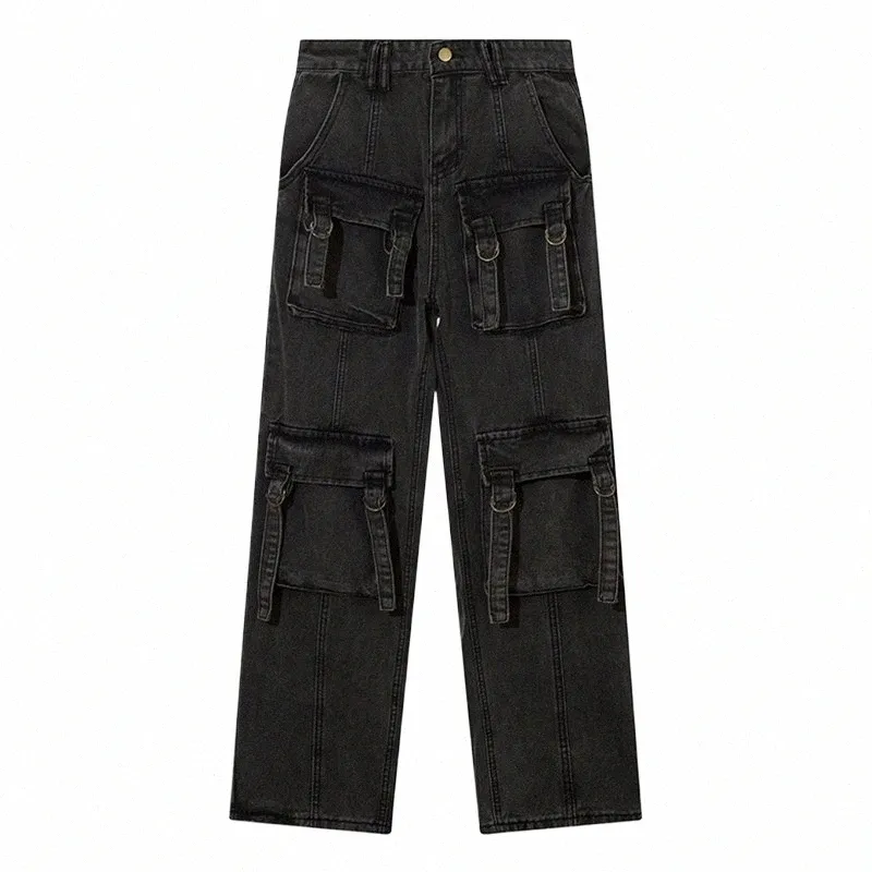 Mężczyźni Czarne worki dżinsy Wed Zmartwione Pockets Spodnie towarowe American Retro Streetwear Casual Denim Spoders Unisex P3Gy#