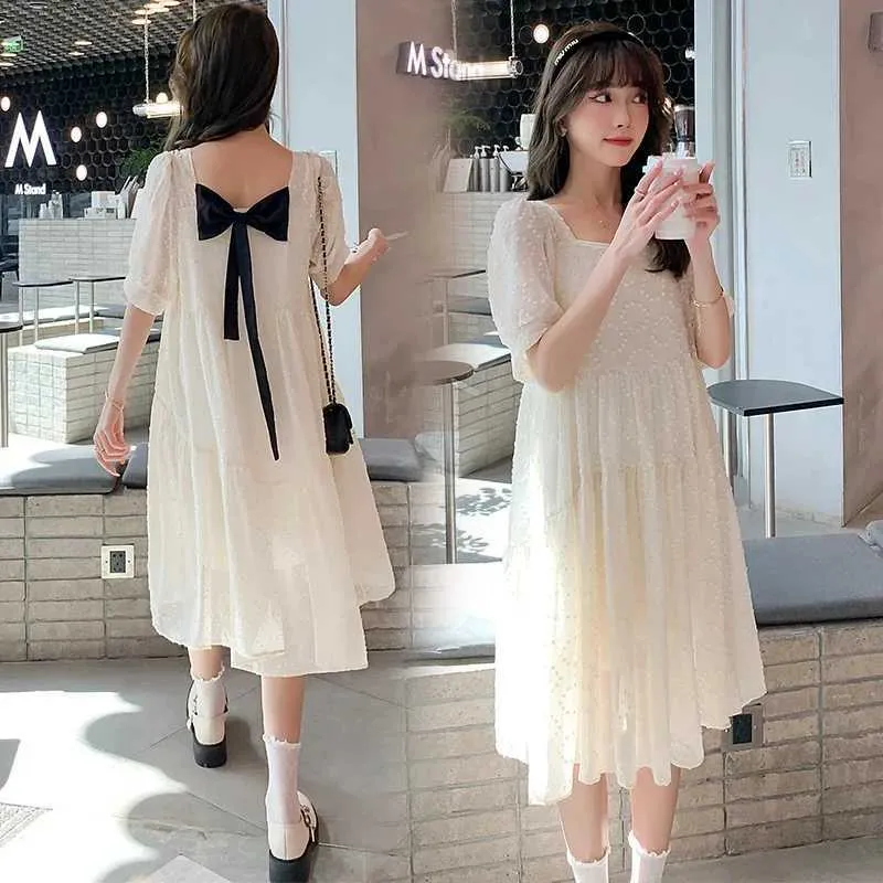 Zwangerschapsjurken 2024 Zomer Zwangere Vrouwen Prinses Jurk Zoete Boog Vierkante Hals Pofmouwen Zwangere Vrouwen Chiffon Jurk Losse Zwangere Womens DressL2403