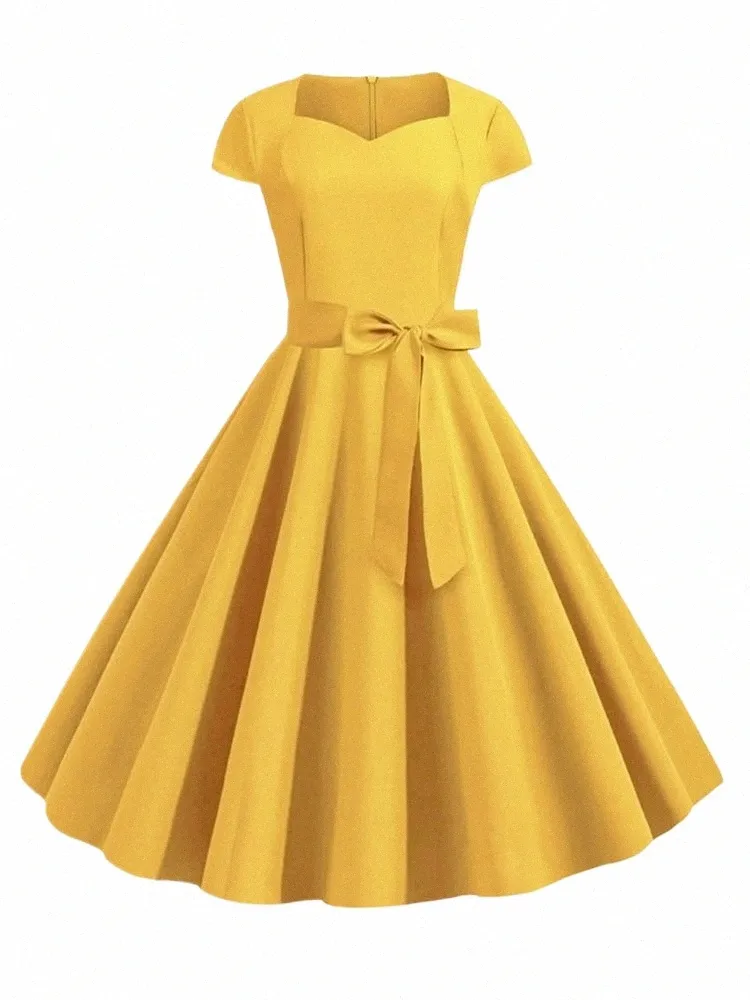 estate tinta unita giallo anni '50 anni '60 vintage Dr donna manica corta colletto quadrato elegante ufficio partito Midi Dres cintura r3e0 #