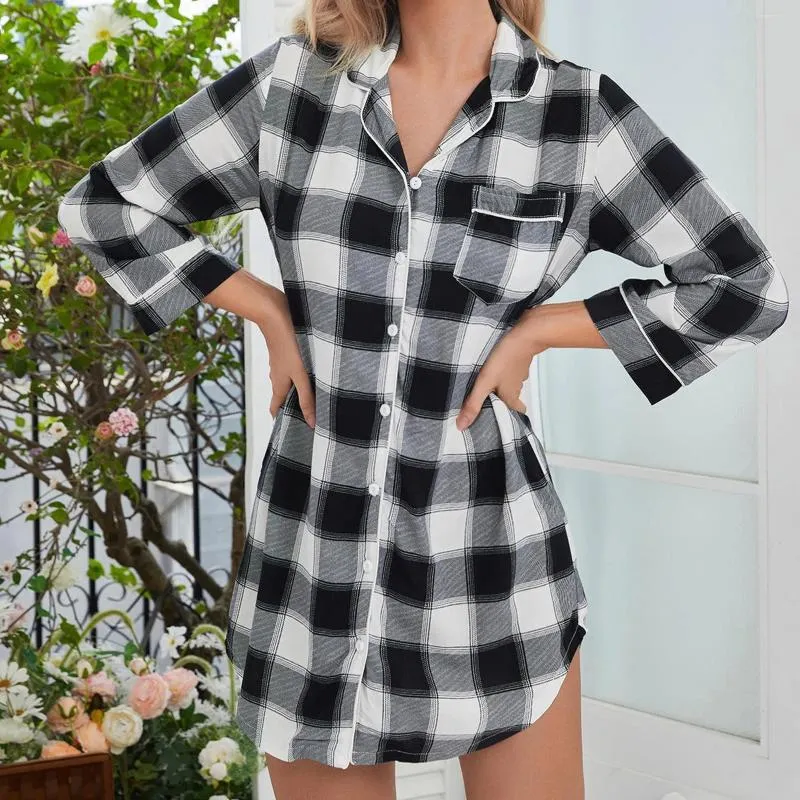 Kvinnors sömnkläder 2024 Spring Summer Plaids Sleepshirts Casual Long Sleeve Lapel Neck Buttons Mini Sleep Dress Nightrocks Loungewear