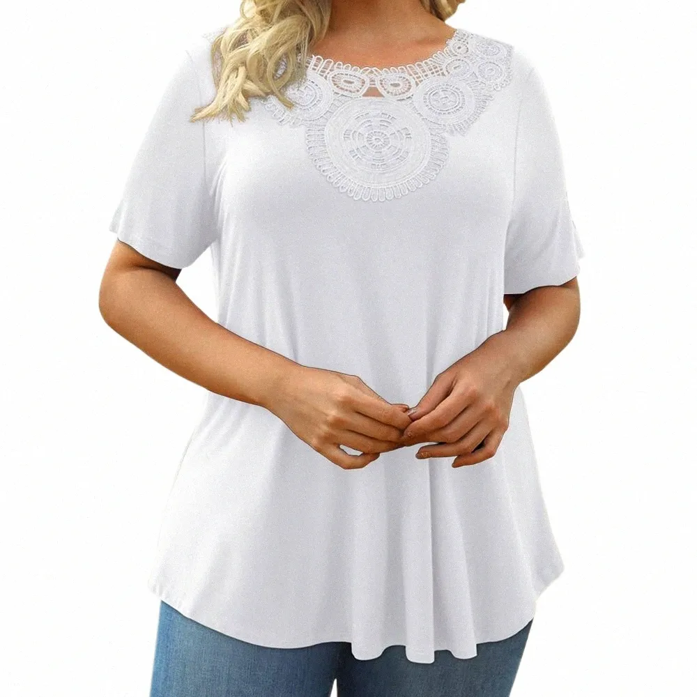 プラスサイズの女性のトップ2024夏大型サイズ基本的なTシャツティーソリッドカラーカジュアルな韓国のプルオーバーシャ​​ツの女性服405n＃