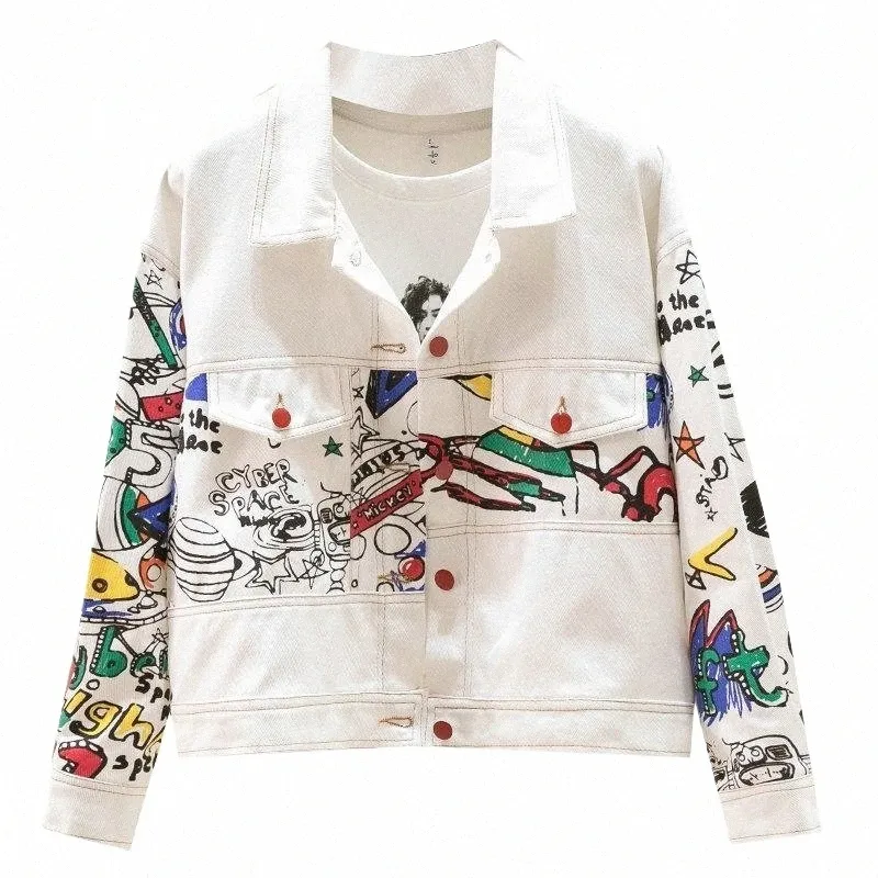 carto Graffiti Print Denim Jackets Women's Spring Autumn 2024 Fi New White Jean Jacket Female Korean Sweet Top Outerwear 466p#